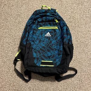 Adidas Backpack Black Blue Logo Print Neon Green Trim - AS IS Flaw